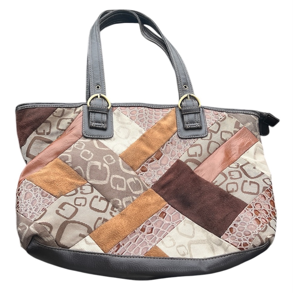 Guess Y2K Vintage Leather Patchwork Buckle Tote Bag - Gray, Brown, and Tan